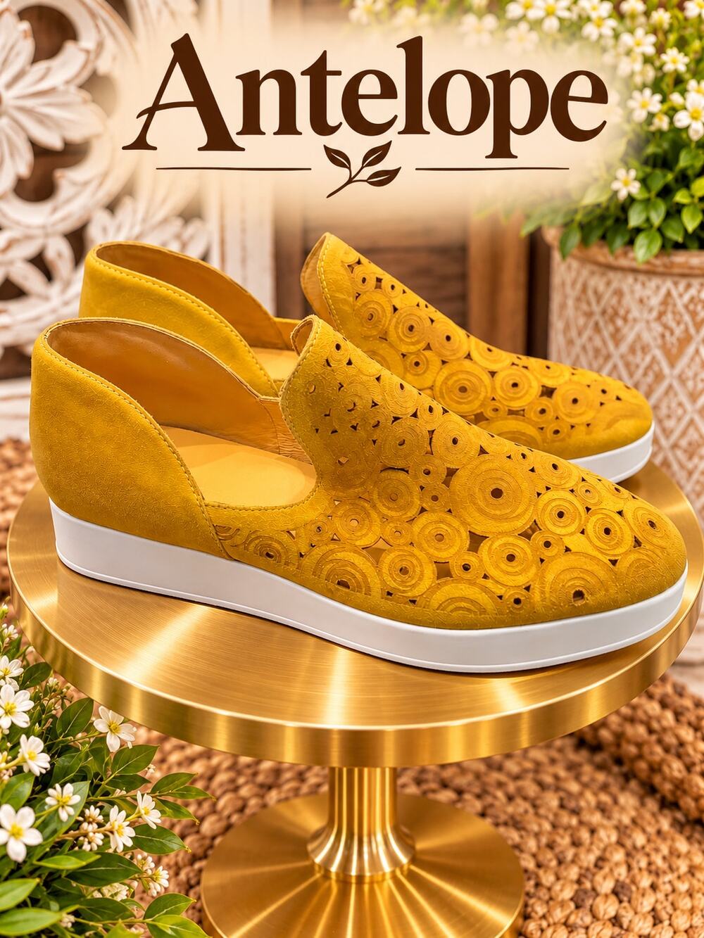 Antelope Mustard Yellow Leather Laser Cut Wedge Slip On Shoes EU 38 US 7